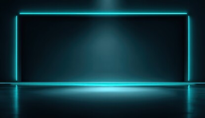 Minimalist dark scene with illuminated rectangle frame, spotlight, reflective floor