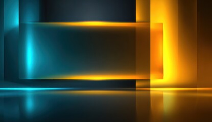 Abstract neon backdrop with glowing geometric rectangles and reflective surfaces
