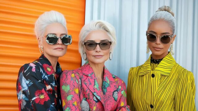 Three women mature woman fashion pattern jacket sunglasses confident pose colorful patterned