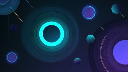 Digital abstract with concentric rings, spheres, gradients, and lines on a dark backdrop