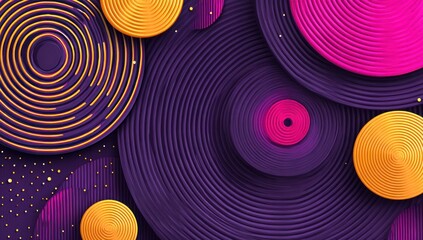 Abstract design with concentric circles in purple, pink, and gold, textured and layered