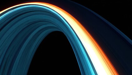 Abstract image of an arching, glowing light trail in blue, orange, and white against black