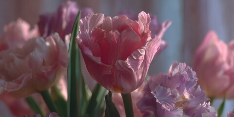 Close-up of pastel pink and purple tulips in bloom, softly lit