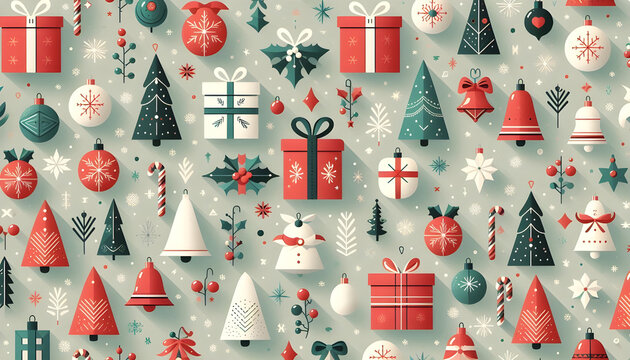 Minimal Winter Christmas Seamless Pattern with 2D Illustrated Gifts, Bells and Trees