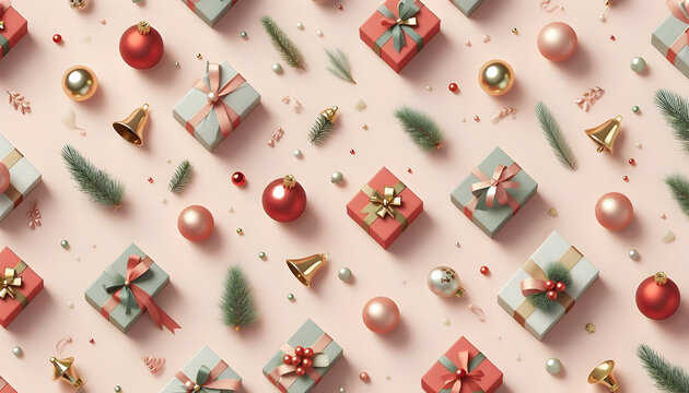 Minimal Winter Christmas Seamless Pattern with Gift Boxes, Bells and Baubles