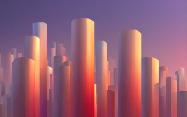 Abstract 3D rendering of cylindrical forms bathed in warm light against a gradient sky