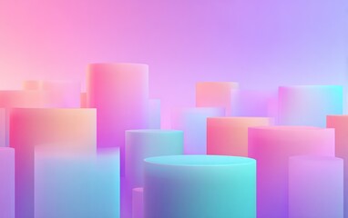 Pastel cylinders of varying heights against a gradient backdrop, creating a whimsical scene