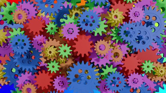 Various colorful gears interlock and overlap in steampunk style. Loop animation.