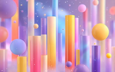 Abstract composition of colorful cylinders and spheres in a dreamy, pastel-toned environment