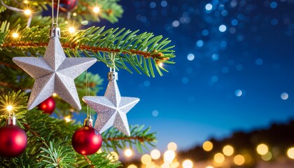 close up christmas tree and silver star ornaments with blurry night and bokeh light in night scene with copy space
