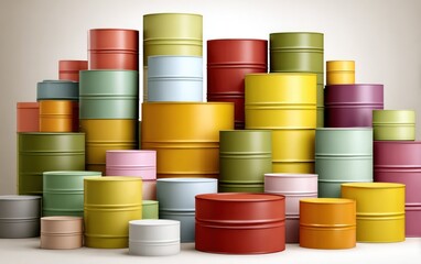 A collection of various colorful, cylindrical containers stacked together in a group