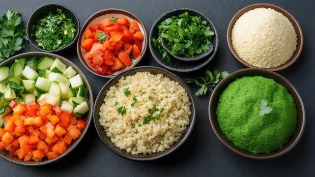 Fresh salad quinoa bowl with chopped cucumber, tomato, parsley, grain goodness and vibrant herb