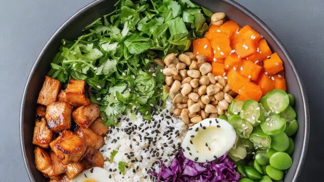 Grilled tofu rice bowl with soft boiled egg, carrot, edamame, purple cabbage, sesame crunch