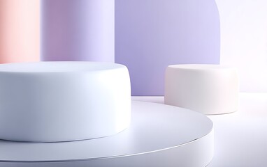 Pastel colored cylinders and platforms create a minimalist, abstract background