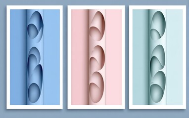 Three vertically aligned, framed abstract art pieces with layered, cutout oval shapes