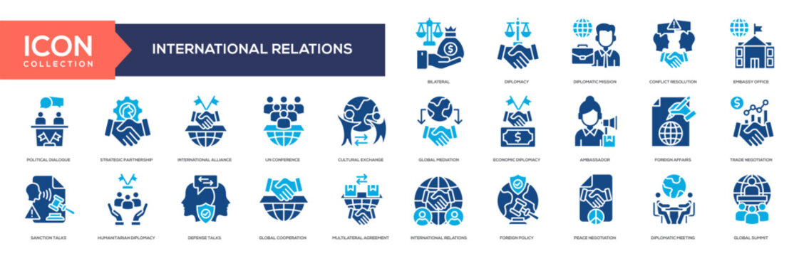 Glyph Color - International Relations Blue Icon Collection. Containing Foreign Policy, Peace Negotiation, Diplomatic Meeting, Global Summit, Bilateral, Diplomacy, Diplomatic Mission