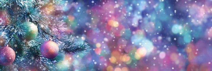 a vibrant, festive background with colorful lights and sparkling snowflakes, featuring an enchanting pine tree adorned with glittery christmas ornaments Generative AI