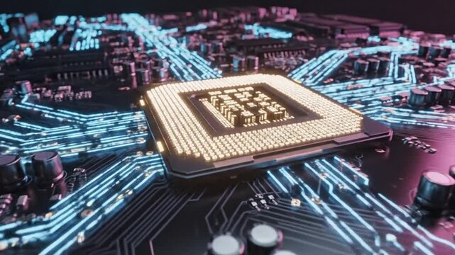 Closeup of a computer circuit board with glowing blue lines and a central processor