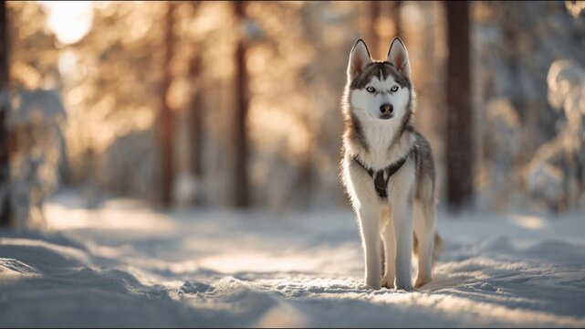 Siberian husky with striking blue eyes stands in a snow-covered forest, sunlight filtering through trees, creating a serene winter landscape. Video made using Generative AI.
