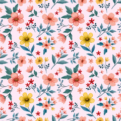 Seamless pink floral pattern with flowers, leaves, and butterflies for decorative wallpaper and fabric design