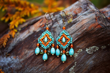 Intricate Handmade Beaded Earrings Featuring a Vibrant Color Scheme of Turquoise, Orange, and Amber, Perfect for Adding a Unique Touch to Any Outfit