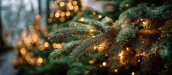 A Magical Winter Scene with Twinkling Lights Illuminating Festive Evergreen Branches Surrounded by a Dreamy Ambient Atmosphere