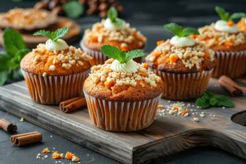 Delicious Cupcakes with Crumbled Topping and Mint Garnish Served on a Wooden Board Surrounded by Cinnamon Sticks and Fresh Mint Leaves