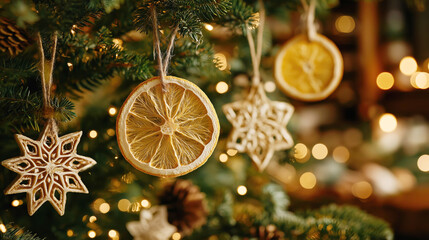 Elegant Christmas Tree Ornaments Featuring Dried Citrus, Natural Wood, and Beautiful Snowflakes Creating a Cozy Holiday Atmosphere with Warm Lights