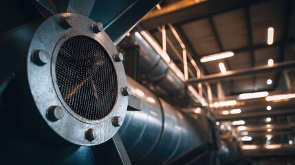 Fototapeta premium Closeup on a ventilation system of a grain silo main equipment in clear focus emphasizing moisture control to keep grain dry.