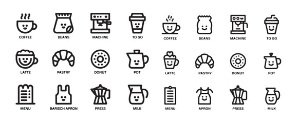 Delicious coffee and breakfast items collection pixel perfect outline icon set includes beans machine cup