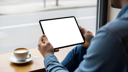 Person holding a tablet with a blank screen in a modern coffee shop; concept of technology, remote work, and digital lifestyle.