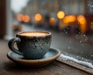 A tranquil winter caf&eacute; scene viewed through the window with a single coffee cup radiating warmth and calm