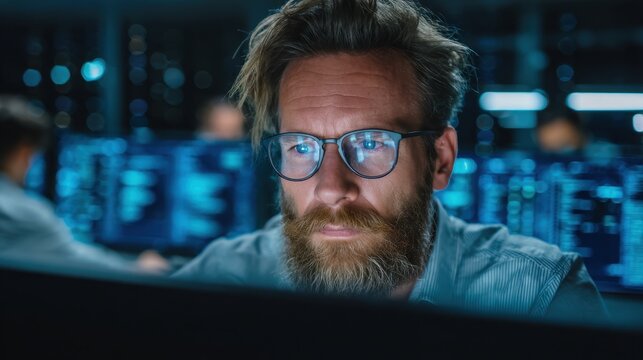 Professional man with glasses and short hair working at a computer in a high-tech environment