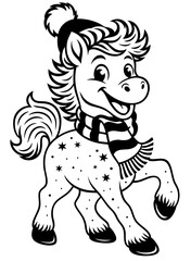 Obraz premium Cute winter horse cartoon — smiling pony wearing scarf with snow pattern, festive holiday animal illustration