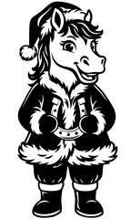Christmas horse character — winter pony wearing warm coat and Santa style hat