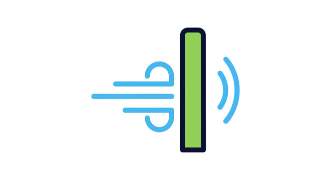 wind insulation and soundproofing concept icon showing air flow and sound waves blocked by a green barrier illustrating protection.
