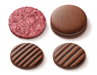 Set of four assorted burger patties with different textures and materials including raw beef, chocolate, and wooden textures,