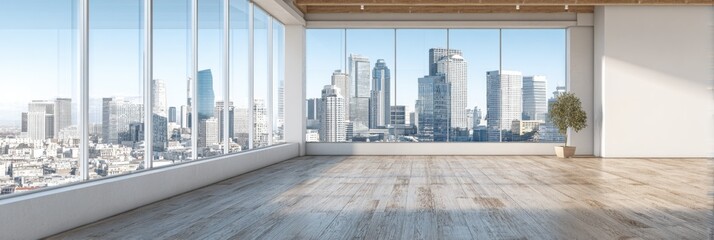 Coworking Room With Large Open Window and Blank Wall in Summer Setting With Urban Skyline View