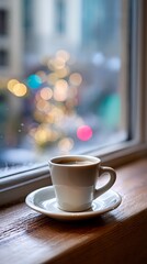 A rustic ceramic coffee cup on a wooden table with steam rising against a snowy outdoor background