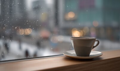 A cozy winter moment with a handmade coffee cup near a frosted window overlooking softly blurred street lights