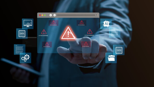 System warning alert on virtual interface. cybersecurity risk detection , data error business professional touching a glowing digital warning icon in virtual screen environment. data breach, malware - Powered by Adobe