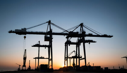 Obraz premium Silhouette of industrial cranes at sunset.