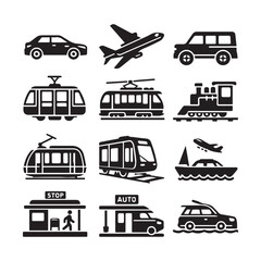 Transportation Icons Set &ndash; Car, Bus, Train, Truck & Airplane Vector
