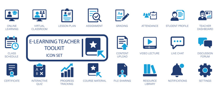 E-Learning Teacher Toolkit Icon Set. Modern vector icons for online classes, virtual classrooms, lesson planning, progress tracking, assignments, and digital education.