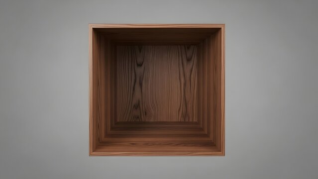 Empty wooden cube interior viewed from above against a neutral gray background creating depth and focus