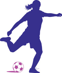 Black silhouette of a female soccer player kicking a ball on white background football woman