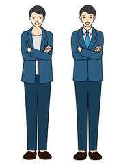 Full body illustration of two professional people in business suit and casual jacket standing