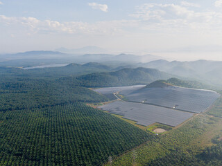 Aerial view of solar panel farm on the hill with morning mist. Green renewable energy resources. Future of sustainable energy generation. Zero pollution concept.