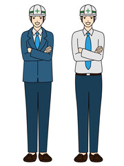 Full body illustration of two engineer or architect men in safety helmet with crossed arms