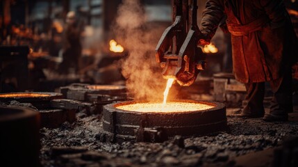 Medium shot of cool air being directed onto redhot cast iron using specialized equipment illustrating the air cooling variation in a foundry setting.